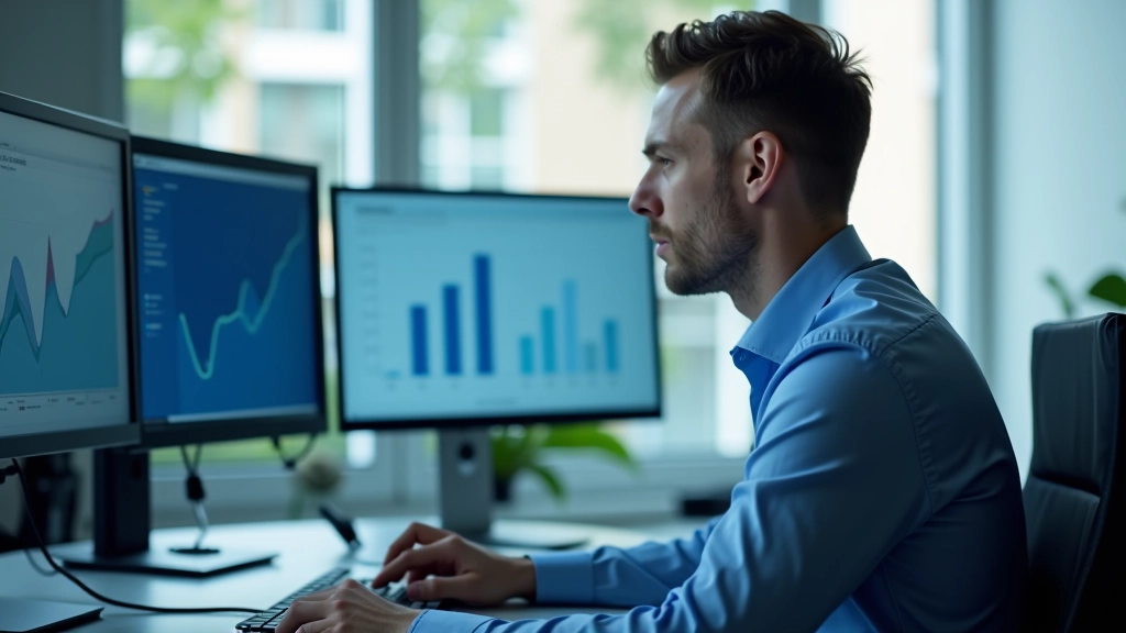 Analytik pracuje s čtvrtletními daty HDP na počítači v kanceláři